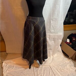 Midi A-Line Plaid Skirt in Dark Gray with Yellow Windowpane